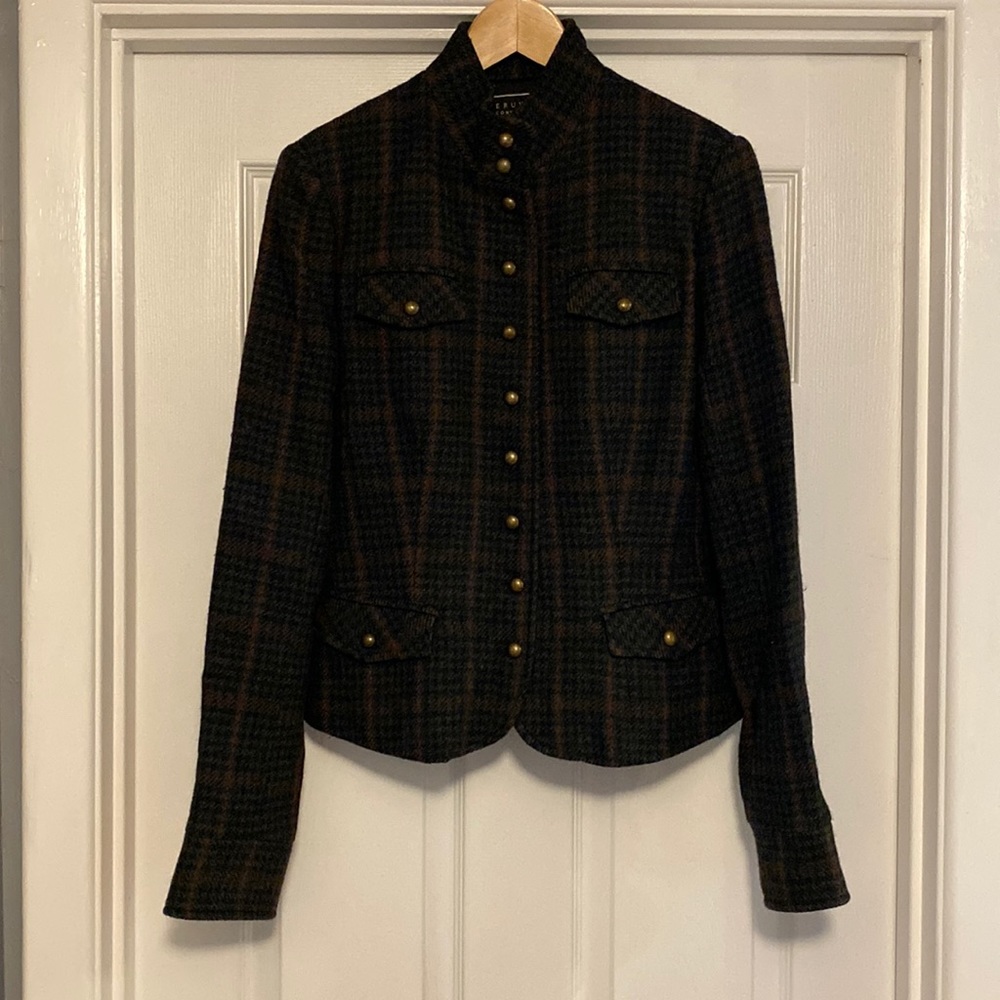 Womens Peruvian Connection Green Plaid Wool Military Style Jacket Blazer Size 10